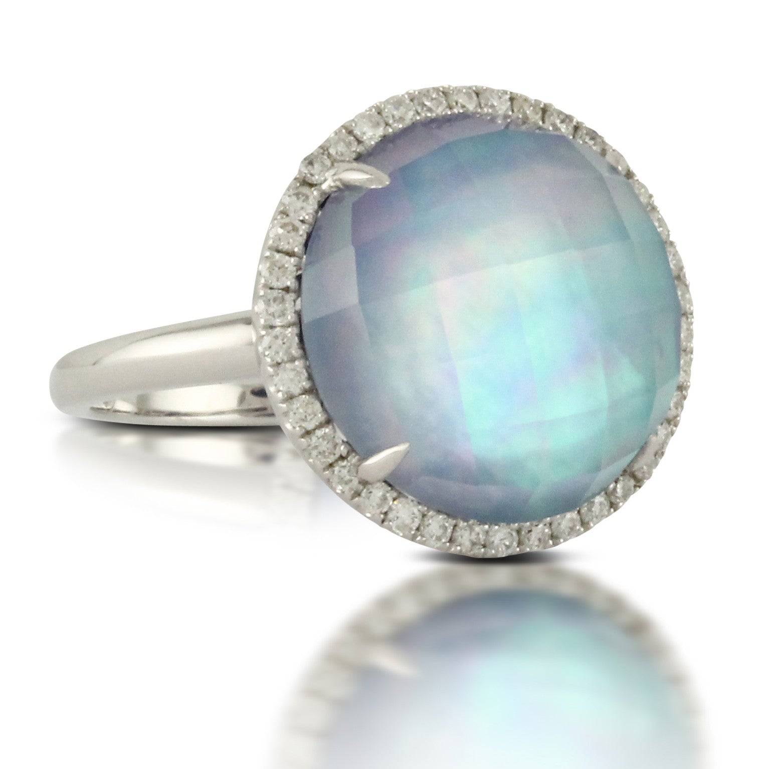 Doves Ivory Sky White Gold Ring with Blue Lapis, Mother of Pearl and Pave set Diamonds