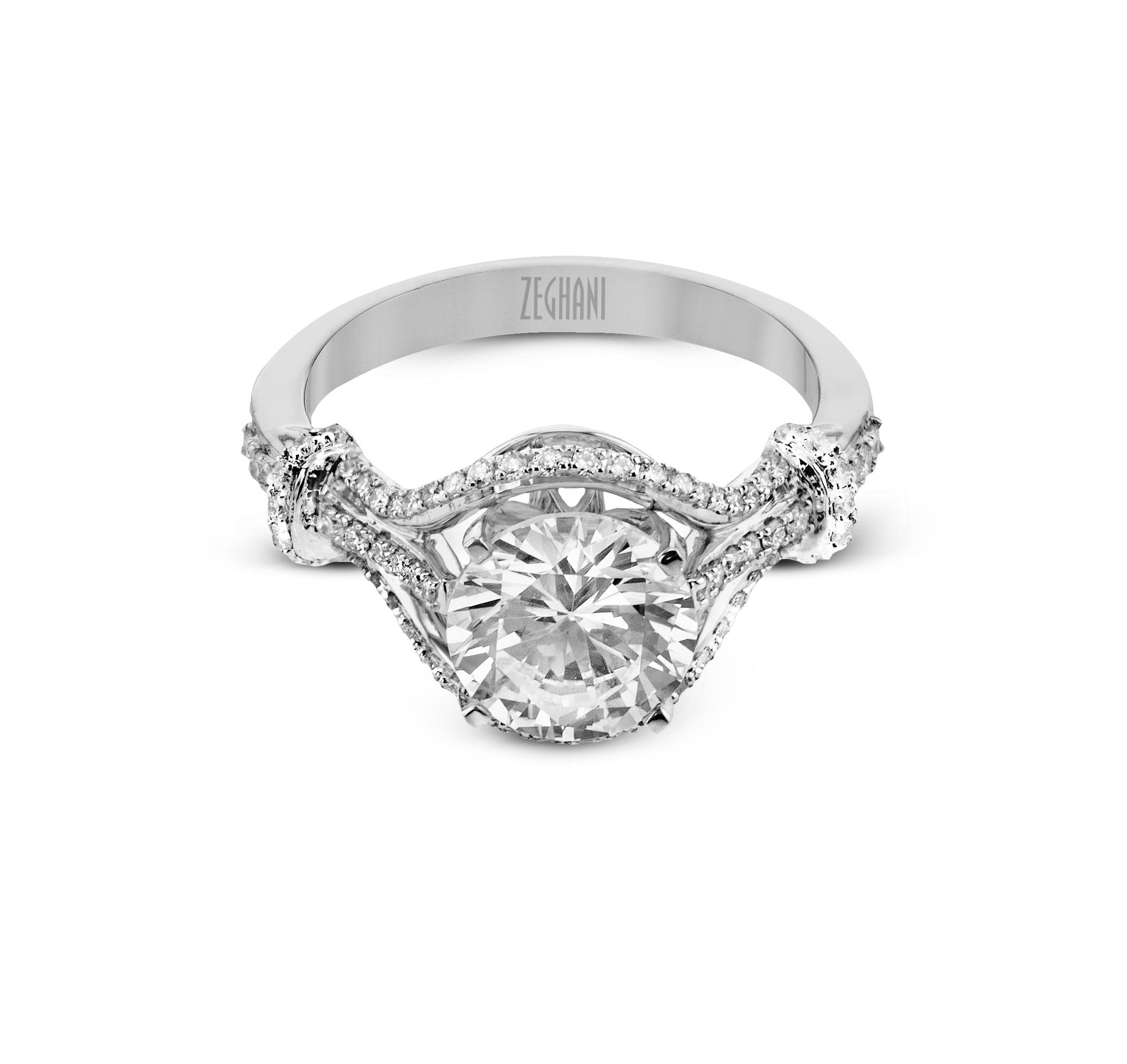 14k White Gold Pave and Filigree Engagement Ring Mounting from Zeghani by Simon G