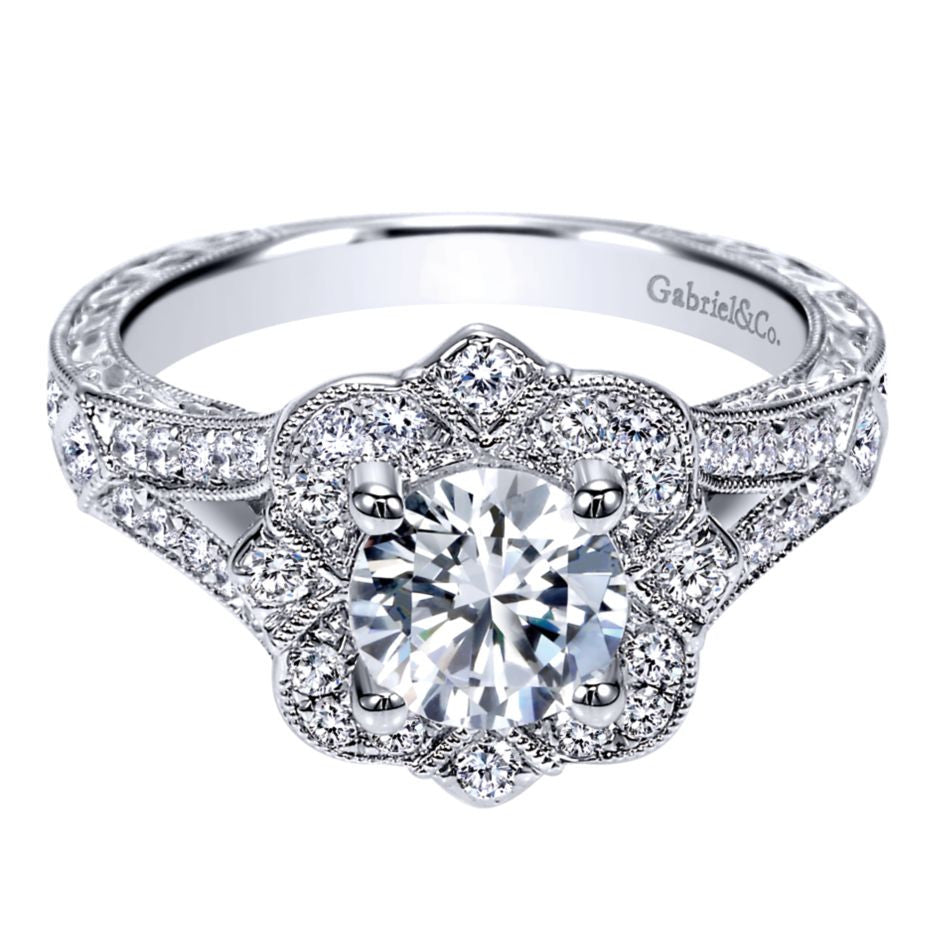 Ladies' Floral 14k White Gold Pave Diamond Engagement Mounting