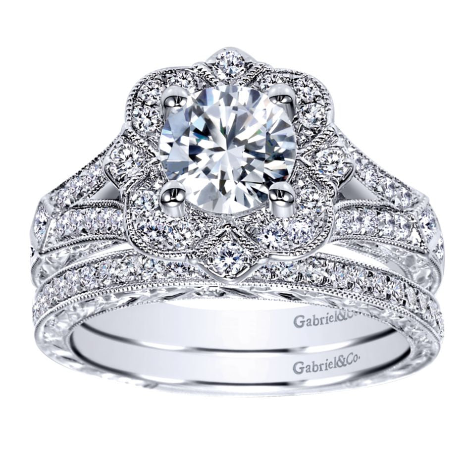 Ladies' Floral 14k White Gold Pave Diamond Engagement Mounting