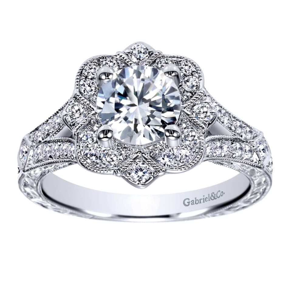 Ladies' Floral 14k White Gold Pave Diamond Engagement Mounting
