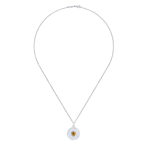 Hammered Finish Sterling Silver and Citrine Round Pendant by Gabriel