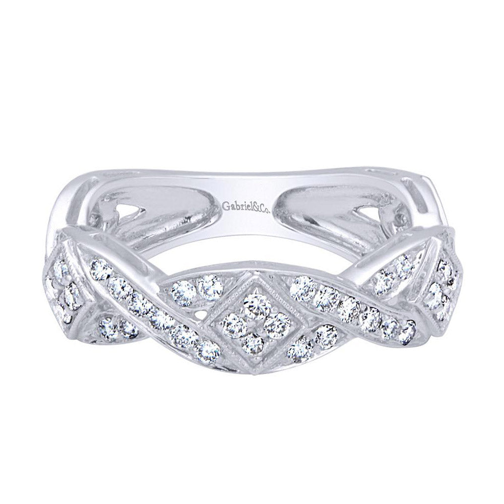Scalloped Weave White Gold Diamond Pave Band