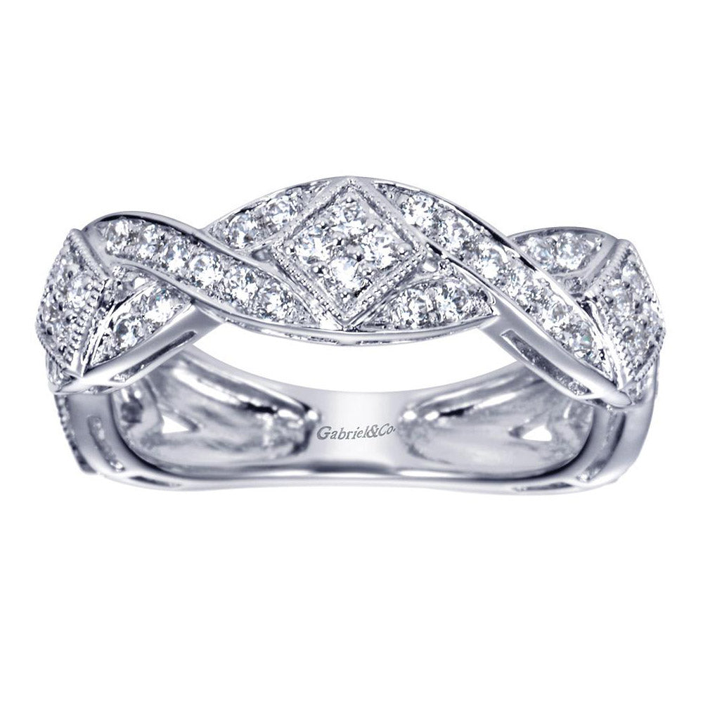 Scalloped Weave White Gold Diamond Pave Band