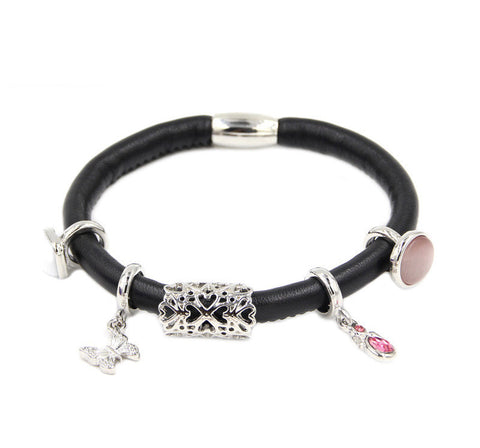 Endless Single Black Leather Bracelet with Sterling Silver and Rose Gold Plated Clasp