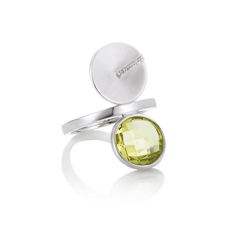 Sterling Silver and Lime Green Quartz Ring with White Sapphire Accents. By Breuning