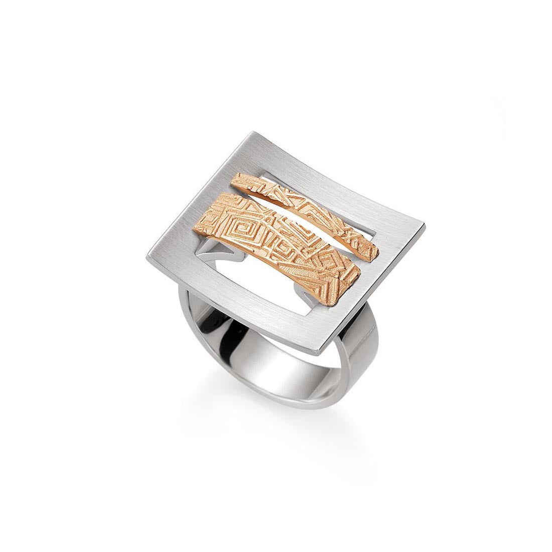 Sterling Silver Open Space Geometric Ring with 14k Rose Gold Accents