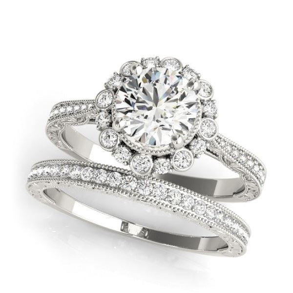 Bezel Set Diamond Halo Engagement Ring in White Gold