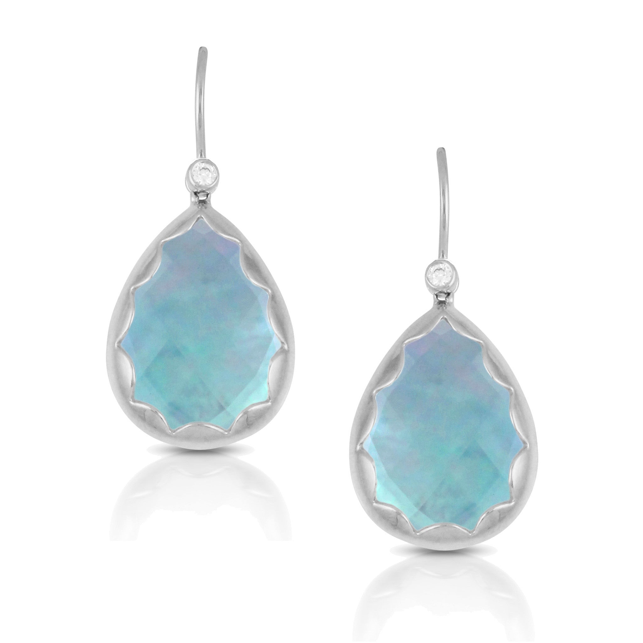 Doves 18k White Gold Ivory Sky Earrings with Lapis, Diamonds, White Mother of Pearl and White Topaz