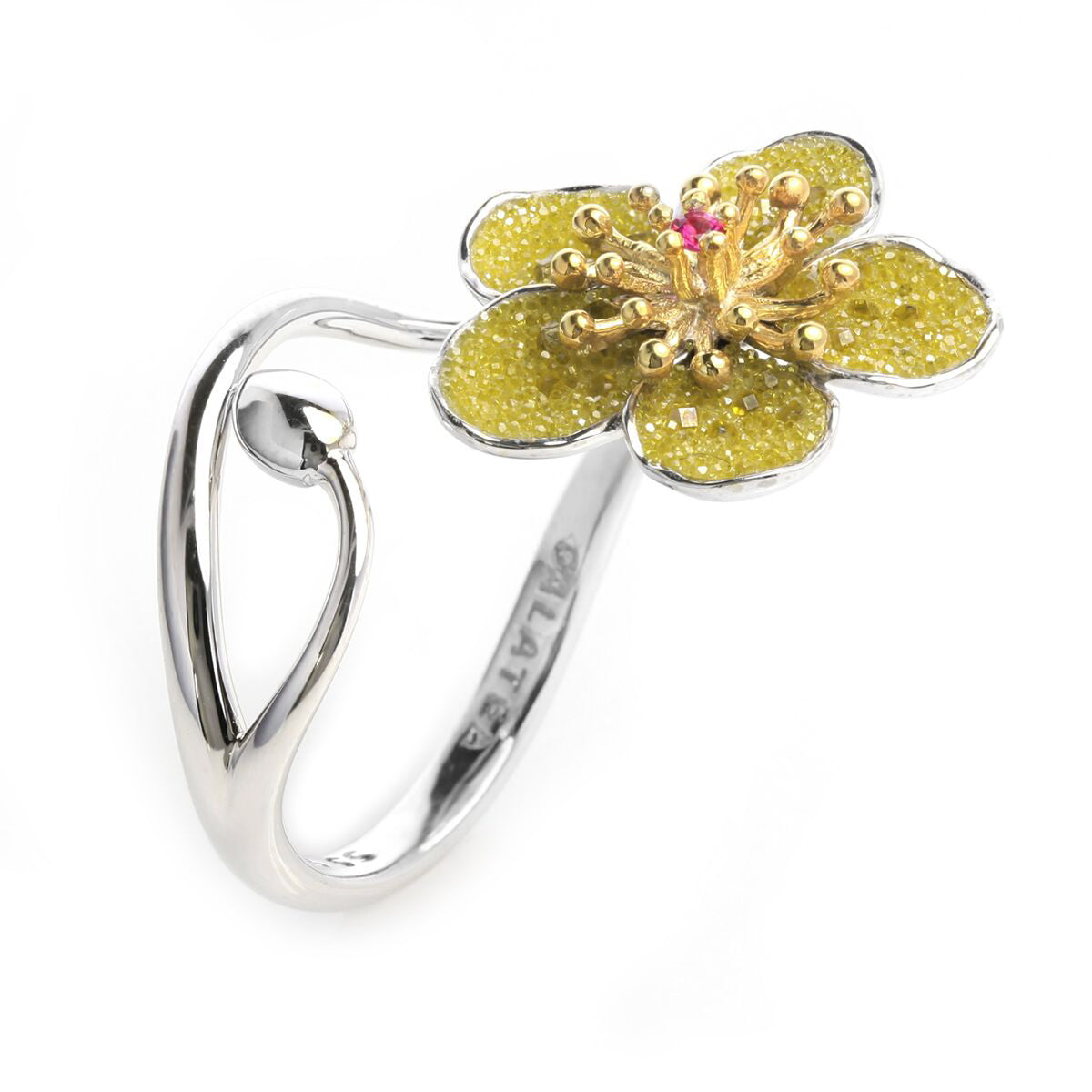 Crushed Yellow Diamonds, Pearl and Sterling Lily Ring