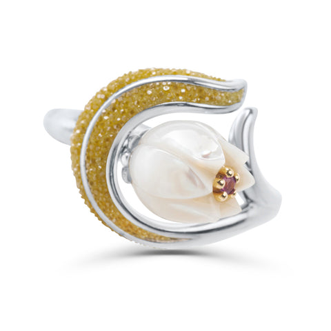 Crushed Yellow Diamond and Carved Pearl Ring