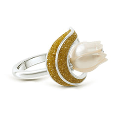 Crushed Yellow Diamond and Carved Pearl Ring