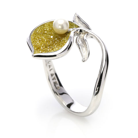 Crushed Yellow Diamonds, Pearl and Sterling Lily Ring
