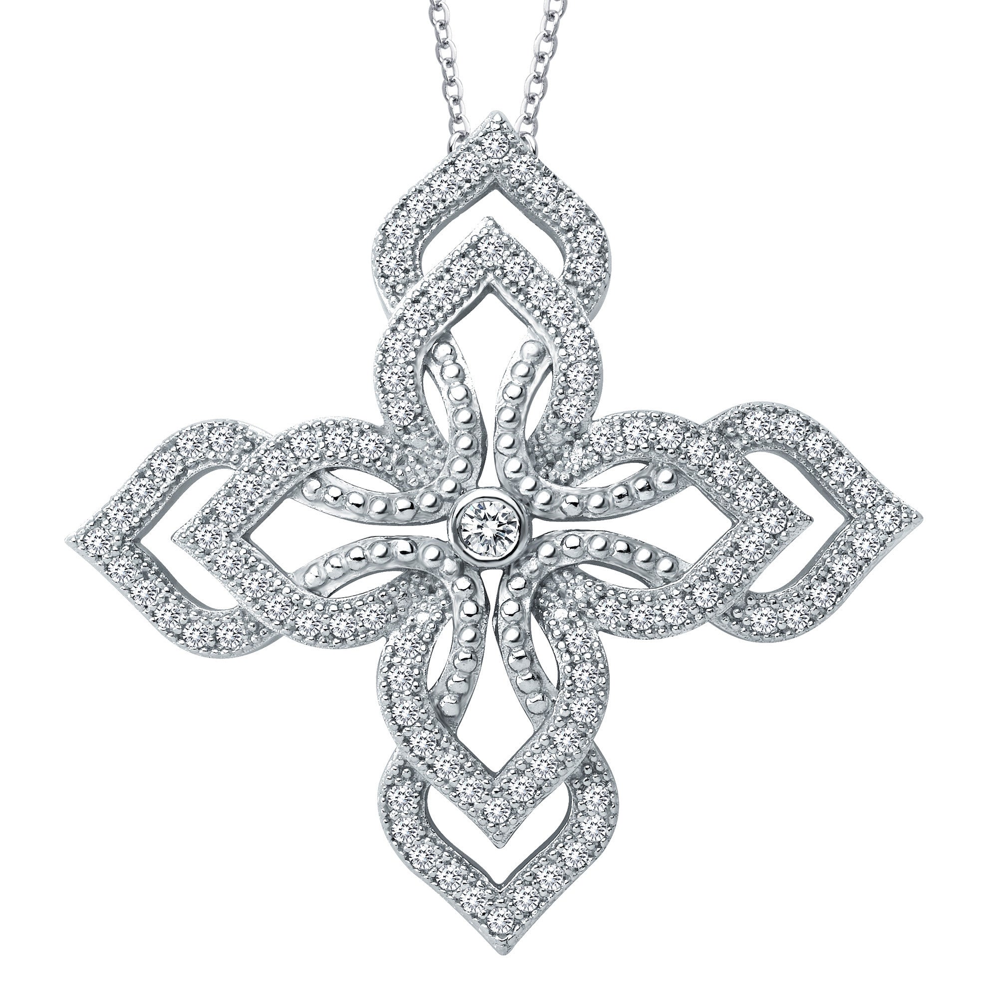 Simulated Diamonds Sterling Silver and Platinum Floral Necklace by Lafonn
