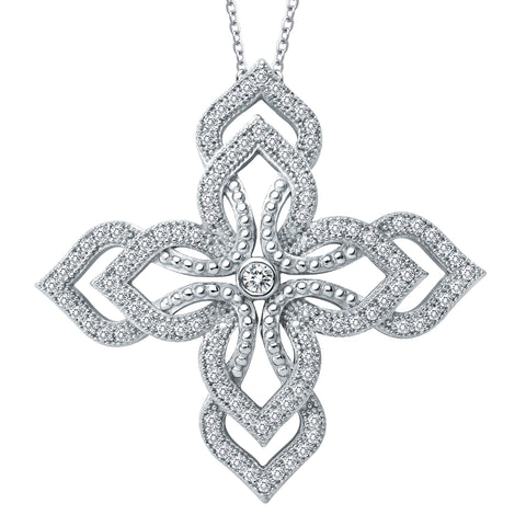 Simulated Diamonds Sterling Silver and Platinum Floral Necklace by Lafonn