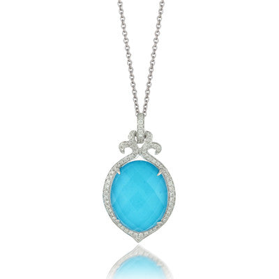 Doves White Gold Turquoise, Diamonds, and White Topaz Pendant