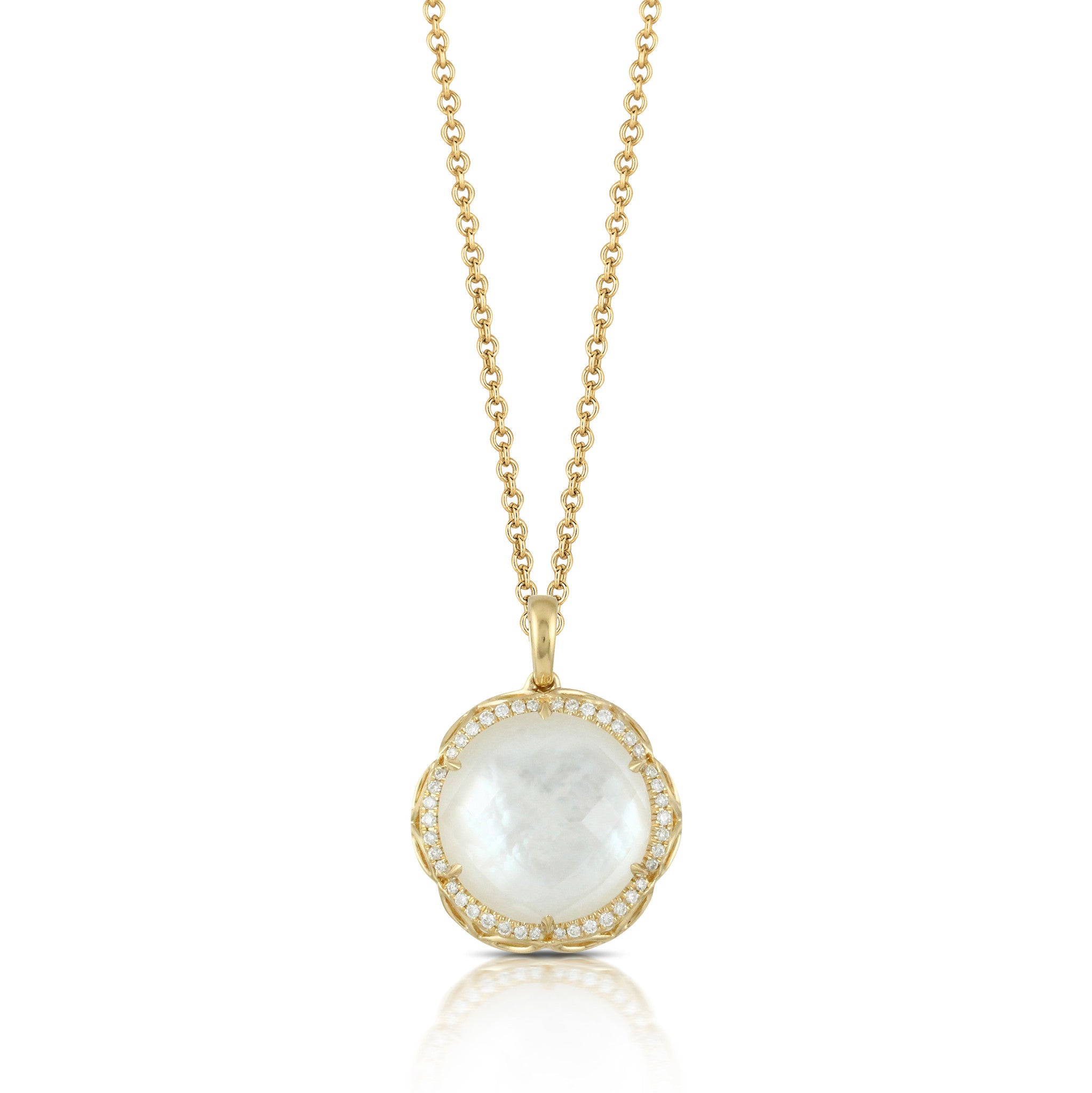 Doves White Orchid Eighteen Karat Yellow Gold Pendant with Mother of Pearl and Diamonds