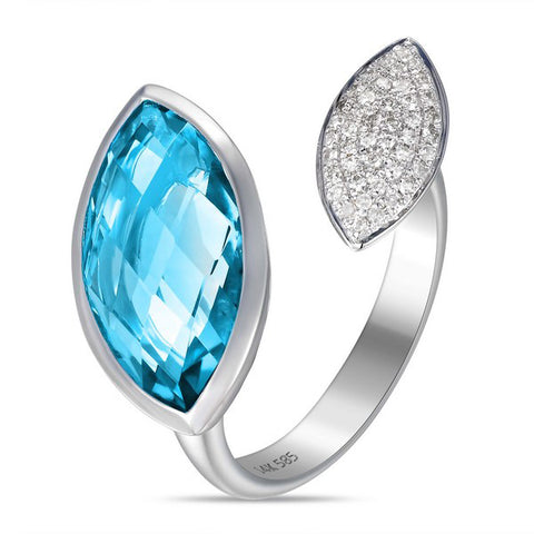 White Gold Diamonds and Blue Topaz Criss Cross Bypass Ring