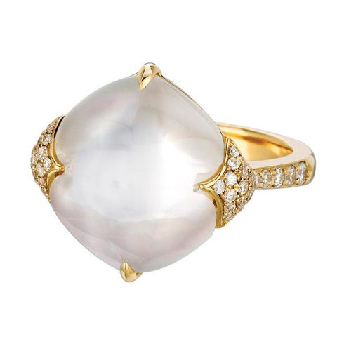 Doves White Orchid Yellow Gold Ring with Mother of Pearl and Diamonds