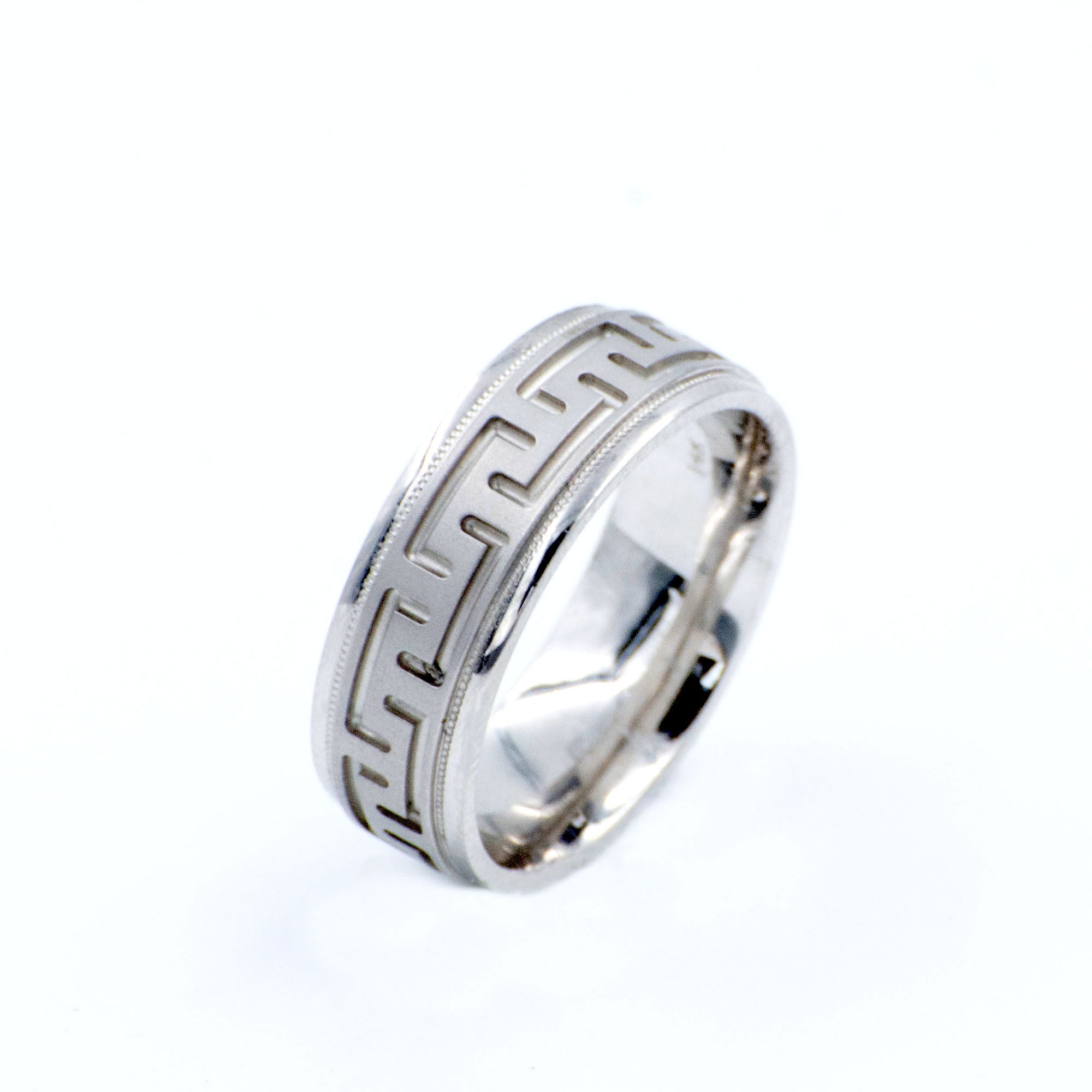 Men's  14k White Gold Wedding Band Eternity Style Greek Key Pattern