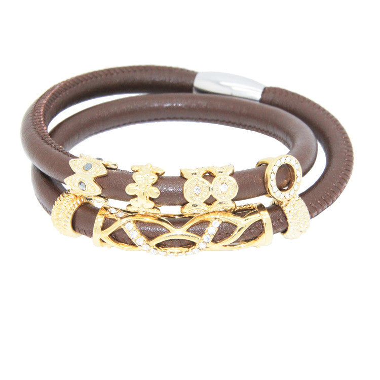 Endless Personalized Collection Double Dark Beige Leather Bracelet with Sterling Silver Clasp