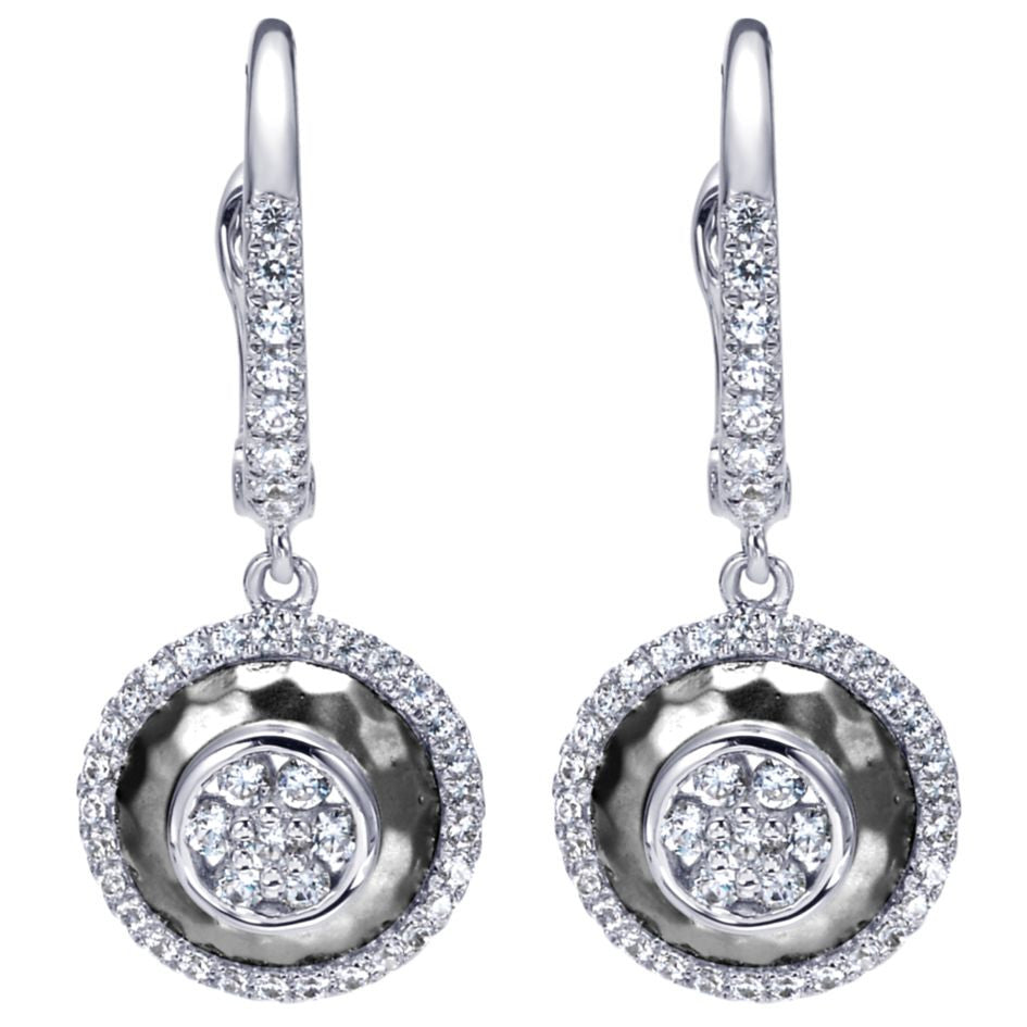 Ladies Pave 14k White Gold Hammered Finish Diamond Earrings