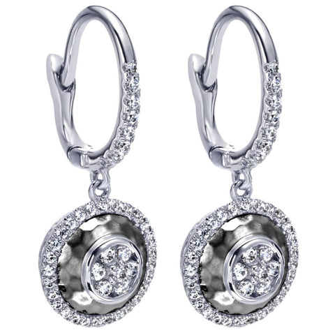 Ladies Pave 14k White Gold Hammered Finish Diamond Earrings