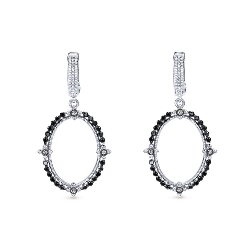 Sterling Silver, Diamonds and Black Spinel Drop Earrings