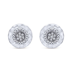 Sterling Silver, White Sapphires and Hammered Finish Stud Earrings
