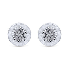 Sterling Silver, White Sapphires and Hammered Finish Stud Earrings