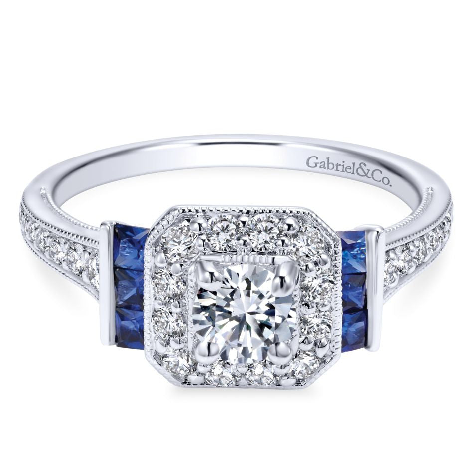 Ladies' 14k White Gold Diamond and Sapphire Engagement Ring by jewelry Designer Gabriel and Co