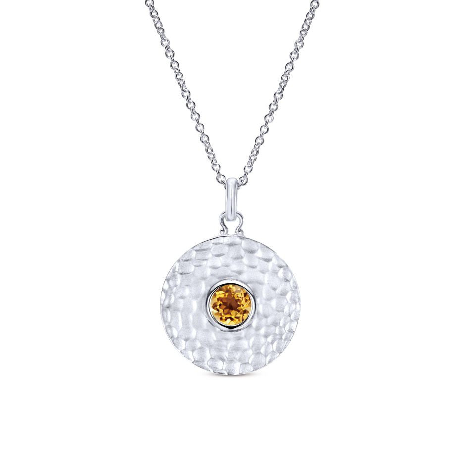 Hammered Finish Sterling Silver and Citrine Round Pendant by Gabriel