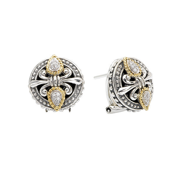 Sterling Silver, 18k Yellow Gold and Diamonds Fleur De Lis Earrings